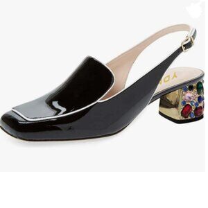 YDN Black Pumps Colorful Rhinestone Block Low Heels Closed Square Toe Shoe